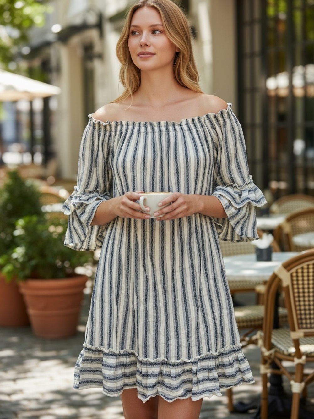 Luxology Off-Shoulder Striped Mini Dress in Blue and white